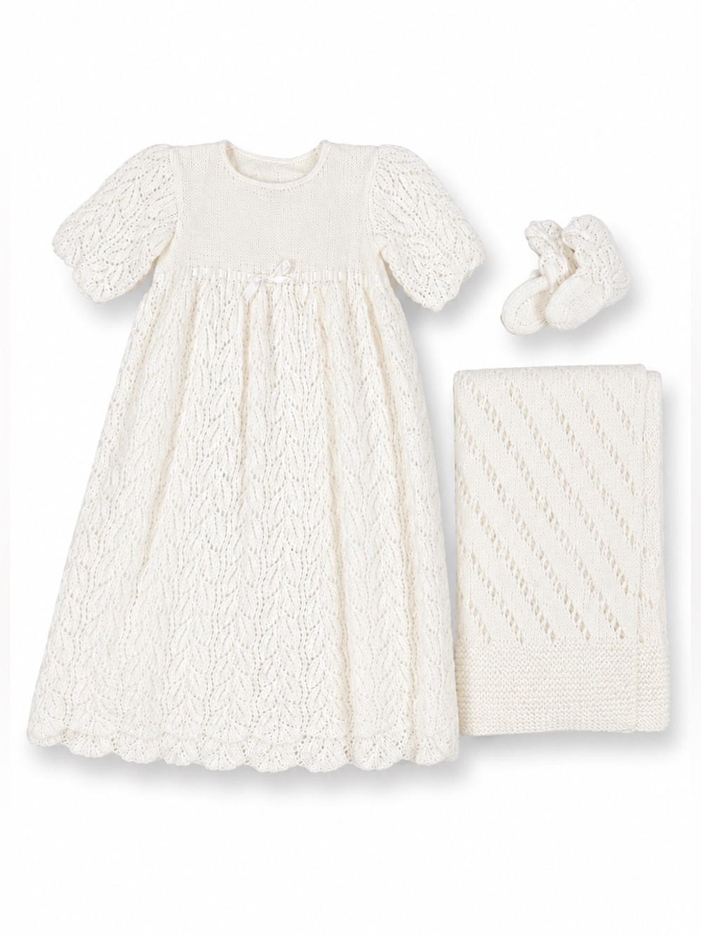 Vintage Christening Set Hand Knit‎ Dress Booties Blanket Baby Baptism White